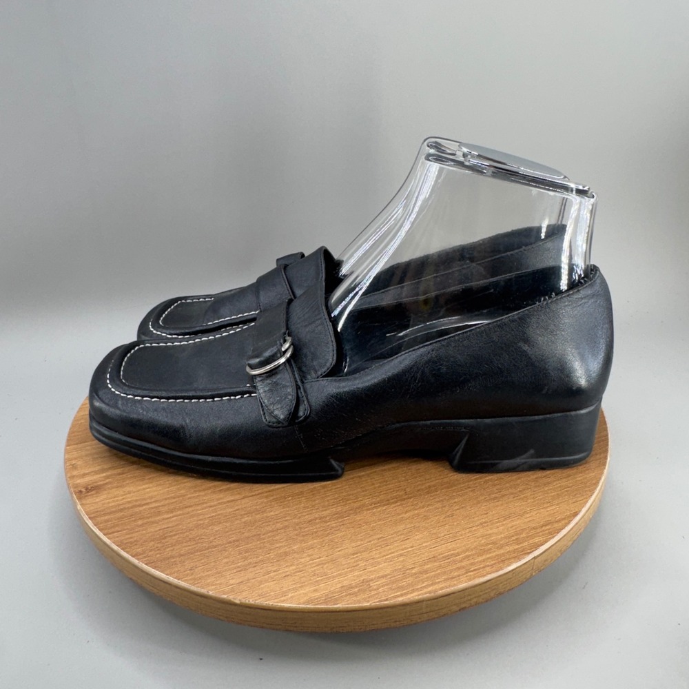Etienne Aigner Loafers 9.5 Black Square Toe Leather Buckle 90s Dark Academia - Picture 3 of 10